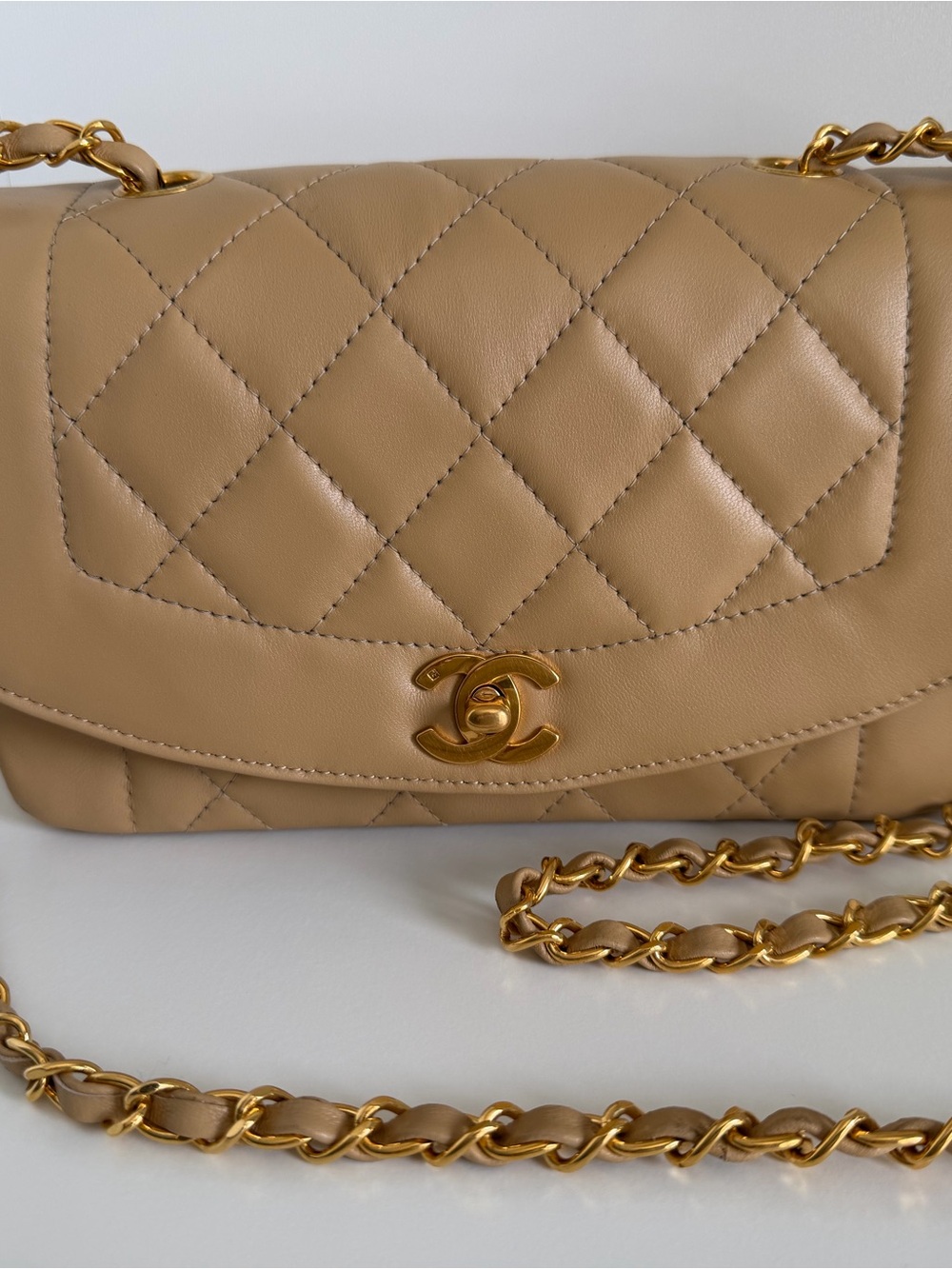 CHANEL Diana Beige Quilted Lambskin Crossbody Bag with Gold Hardware